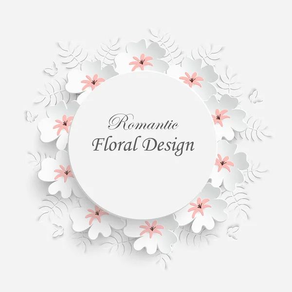 Kağıt Çiçek Soyut Kesilmiş Çiçeklerle Çerçevelenmiş Beyaz Güller Nilüfer Çiçeği — Stok Vektör