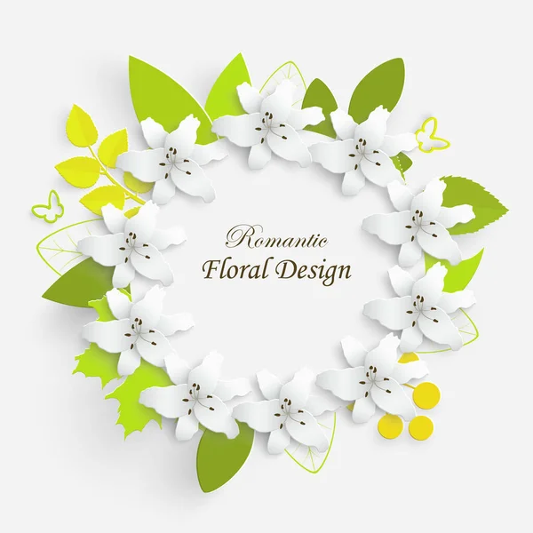 Yeşil Yapraklı Kağıt Çiçek Çerçeve Renkli Parlak Zambaklar Beyaz Arka — Stok Vektör