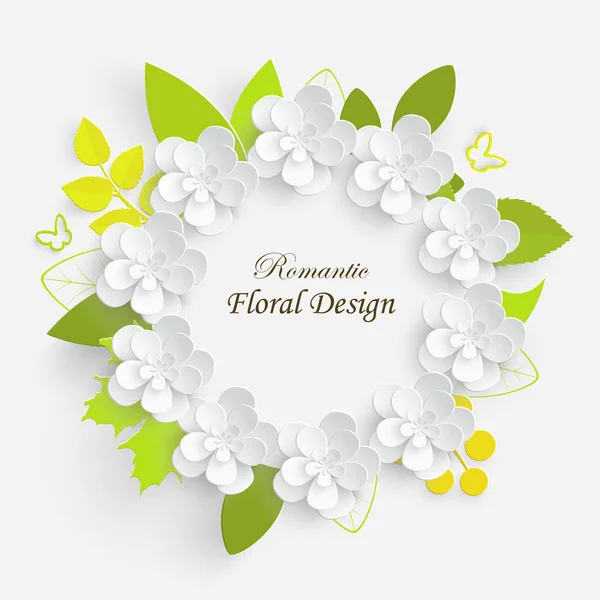緑色の葉を持つ紙の花 フレーム カラフルで明るいバラ ハスの白い背景に紙のカットアウトされます 装飾的なブライダル花束 別の花のデザイン要素 グリーティングカードテンプレート — ストックベクタ