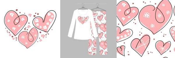 Padrão Sem Costura Corações Desenhados Mão Pijamas Femininos Desenho Linha — Vetor de Stock