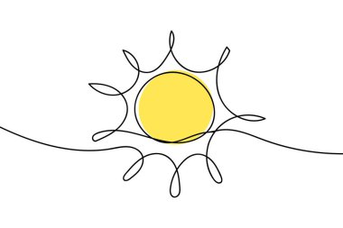 Devamlı güneş sanatı. Tek çizgi çizimi güneşli yaz seyahati konsepti. Simge sıcak aydınlık gökyüzü mutlu tatil elementi çizimi