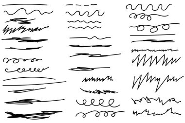 El yapımı çizgiler, fırça çizgileri, altçizgiler. Çeşitli şekillerde el yapımı karalama koleksiyonu. Haçlar, oval ve grevler. Sanat çizgileri. Beyazda izole edilmiş. Vektör illüstrasyonu