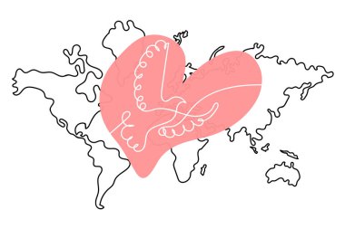 Dünya haritasında sürekli kalp ve kuş çizimleri, siyah beyaz vektör minimalist sevgi, barış, şefkat göstergesi. Kelime.