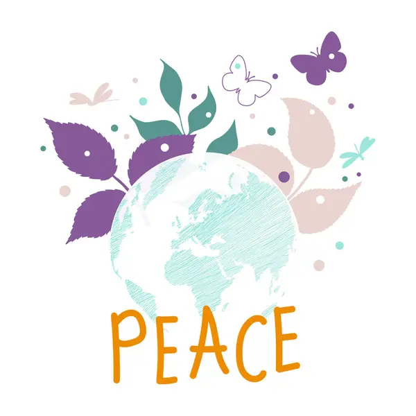 stock vector International Day of Peace. Bird, globe, flowers, heart continuous drawing. Concept of love, peace and kindness. Text. Vector web banner, illustration, poster, postcard for social media, networking.