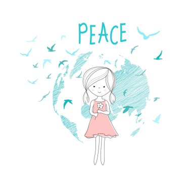 International Day of Peace. Bird, globe, flowers, heart continuous drawing. Concept of love, peace and kindness. Text. Vector web banner, illustration, poster, postcard for social media, networking. clipart