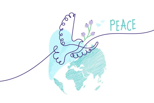 Día Internacional Paz Pájaro Globo Flores Dibujo Continuo Del Corazón — Vector de stock
