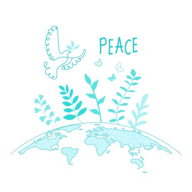 Uluslararası Barış Günü. Kuş, küre, çiçekler, kalp sürekli çizim. Sevgi, huzur ve şefkat kavramı. Mesaj at. Vektör web pankartı, illüstrasyon, poster, sosyal medya için kartpostal, ağ oluşturma.