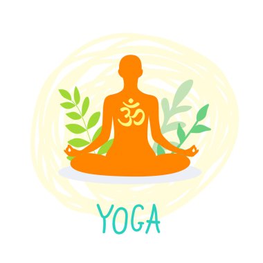 Yoga. Lotus pozunda rahatlayan biri. Meditasyon. Uluslararası yoga günü web pankartı. Düz dizayn edilmiş yoga pozu. Om ya da Aum Kızılderili kutsal sesi. Vektör illüstrasyonu. 