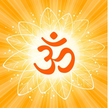 Om ya da Aum Kızılderili kutsal sesi. Brahma, Vishnu ve Shiva 'nın kutsal üçlemesinin sembolü. Antik mantranın işareti. Beyaz arkaplanda Om sembolü işareti var. Güneş patlaması deseni.