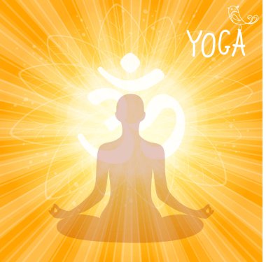 Yoga. Lotus pozunda rahatlayan biri. Meditasyon. Uluslararası yoga günü web pankartı. Düz dizayn edilmiş yoga pozu. Om ya da Aum Kızılderili kutsal sesi. Güneş patlaması deseni. Vektör illüstrasyonu. 