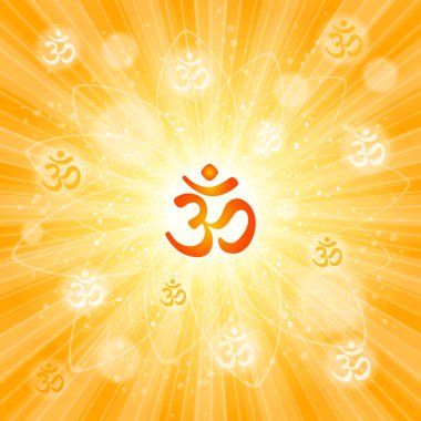 Om ya da Aum Kızılderili kutsal sesi. Brahma, Vishnu ve Shiva 'nın kutsal üçlemesinin sembolü. Antik mantranın işareti. Parlak galaktik uzayda Om işareti. Güneş. Güneş patlaması deseni. Vektör illüstrasyonu