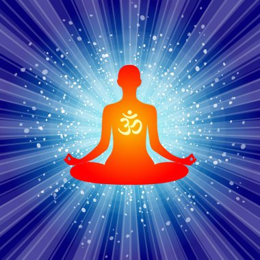 Yoga. Lotus pozunda rahatlayan biri. Meditasyon. Uluslararası yoga günü web pankartı. Düz dizayn edilmiş yoga pozu. Om ya da Aum Kızılderili kutsal sesi. Güneş patlaması deseni. Galaktik uzay. Vektör illüstrasyonu
