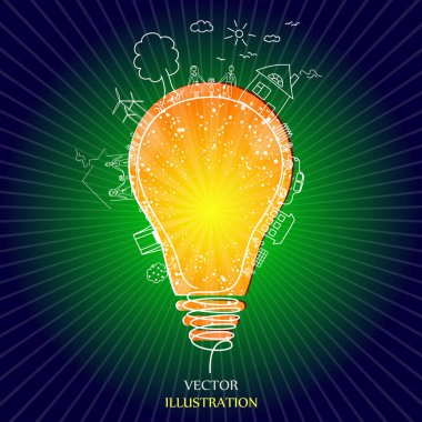 Ampul fikri, yaratıcı ekolojik kavramlar, mutlu aile hikayeleri, fikir, Vektör illüstrasyonu...