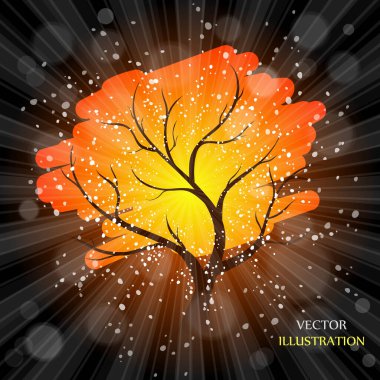 Ağaç. Güneş patlaması deseni. Güneş ışını desenli güneş patlaması arka planı. Parlak sarı, mavi, kırmızı, turuncu, yeşil, patlayıcı arkaplan. Çevre dostu dünya. Vektör. 
