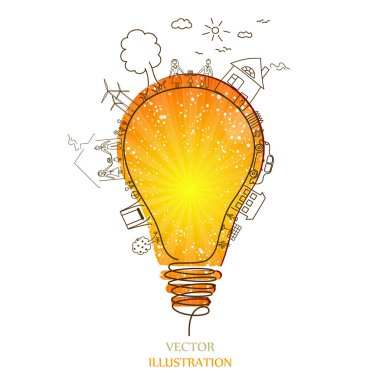 Ampul fikri, yaratıcı ekolojik kavramlar, mutlu aile hikayeleri, fikir, Vektör illüstrasyonu...
