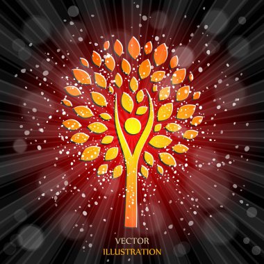 Ağaç. Güneş patlaması deseni. Güneş ışını desenli güneş patlaması arka planı. Parlak sarı, mavi, kırmızı, turuncu, yeşil, patlayıcı arkaplan. Çevre dostu dünya. Vektör. 