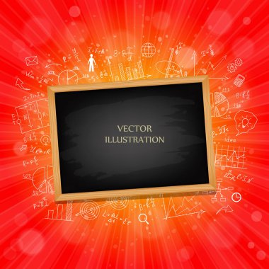 Matematiksel denklemler ve formüllerin arkaplanındaki okul kurulu. El çizimi şemalar ve grafikler. Parlak sarı, mavi, kırmızı, turuncu, yeşil, patlayıcı arkaplan. Güneş patlaması deseni. 