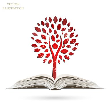 Açık bir kitaptan çıkan kağıt ağacı. Ekolojik olarak temiz bir dünya. Güneş patlaması deseni. Güneş ışını desenli güneş patlaması arka planı. Parlak sarı, mavi, kırmızı, turuncu, yeşil patlayıcı arka plan.