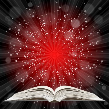 Açık kitap. Güneş patlaması deseni. Güneş ışını desenli güneş patlaması arka planı. Parlak sarı, mavi, kırmızı, turuncu, yeşil, patlayıcı arkaplan. Galaksi, uzay ve yıldızlar. Vektör illüstrasyonu.