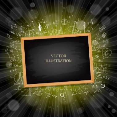 Matematiksel denklemler ve formüllerin arkaplanındaki okul kurulu. El çizimi şemalar ve grafikler. Parlak sarı, mavi, kırmızı, turuncu, yeşil, patlayıcı arkaplan. Güneş patlaması deseni. 