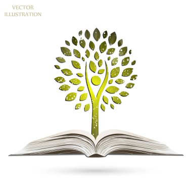 Açık bir kitaptan çıkan kağıt ağacı. Ekolojik olarak temiz bir dünya. Güneş patlaması deseni. Güneş ışını desenli güneş patlaması arka planı. Parlak sarı, mavi, kırmızı, turuncu, yeşil patlayıcı arka plan.