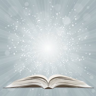 Açık kitap. Güneş patlaması deseni. Güneş ışını desenli güneş patlaması arka planı. Parlak sarı, mavi, kırmızı, turuncu, yeşil, patlayıcı arkaplan. Galaksi, uzay ve yıldızlar. Vektör illüstrasyonu.