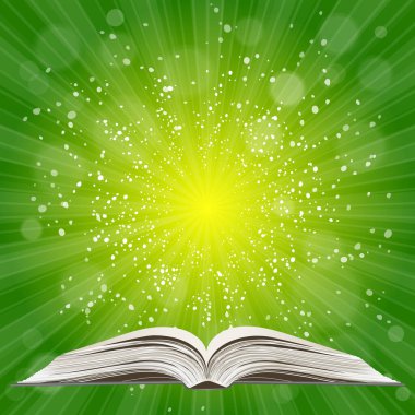 Açık kitap. Güneş patlaması deseni. Güneş ışını desenli güneş patlaması arka planı. Parlak sarı, mavi, kırmızı, turuncu, yeşil, patlayıcı arkaplan. Galaksi, uzay ve yıldızlar. Vektör illüstrasyonu.