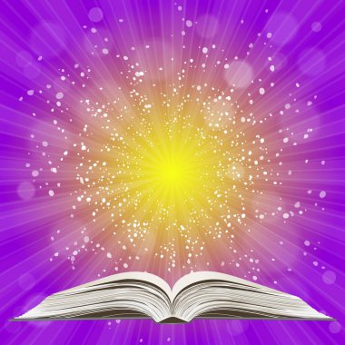 Açık kitap. Güneş patlaması deseni. Güneş ışını desenli güneş patlaması arka planı. Parlak sarı, mavi, kırmızı, turuncu, yeşil, patlayıcı arkaplan. Galaksi, uzay ve yıldızlar. Vektör illüstrasyonu.