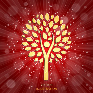 Ağaç. Güneş patlaması deseni. Güneş ışını desenli güneş patlaması arka planı. Parlak sarı, mavi, kırmızı, turuncu, yeşil, patlayıcı arkaplan. Çevre dostu dünya. Vektör. 