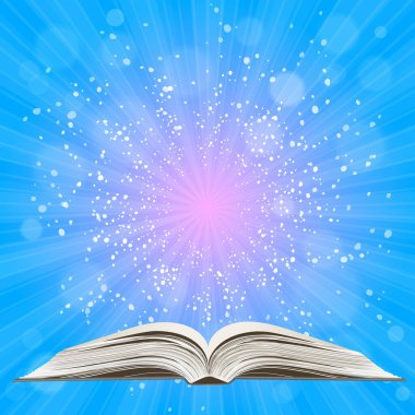 Açık kitap. Güneş patlaması deseni. Güneş ışını desenli güneş patlaması arka planı. Parlak sarı, mavi, kırmızı, turuncu, yeşil, patlayıcı arkaplan. Galaksi, uzay ve yıldızlar. Vektör illüstrasyonu.