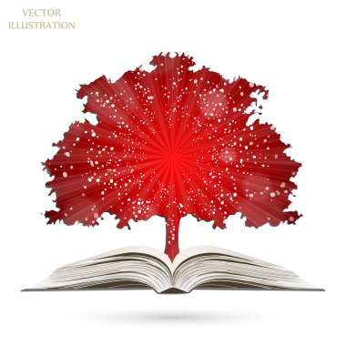 Açık bir kitaptan çıkan kağıt ağacı. Ekolojik olarak temiz bir dünya. Güneş patlaması deseni. Güneş ışını desenli güneş patlaması arka planı. Parlak sarı, mavi, kırmızı, turuncu, yeşil patlayıcı arka plan.