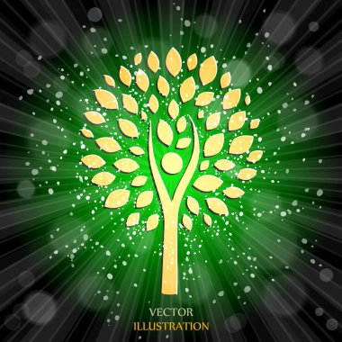 Ağaç. Güneş patlaması deseni. Güneş ışını desenli güneş patlaması arka planı. Parlak sarı, mavi, kırmızı, turuncu, yeşil, patlayıcı arkaplan. Çevre dostu dünya. Vektör. 