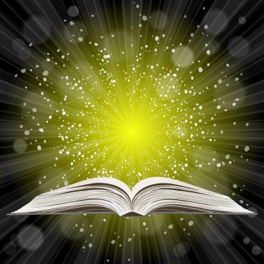 Açık kitap. Güneş patlaması deseni. Güneş ışını desenli güneş patlaması arka planı. Parlak sarı, mavi, kırmızı, turuncu, yeşil, patlayıcı arkaplan. Galaksi, uzay ve yıldızlar. Vektör illüstrasyonu.