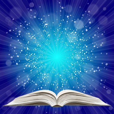 Açık kitap. Güneş patlaması deseni. Güneş ışını desenli güneş patlaması arka planı. Parlak sarı, mavi, kırmızı, turuncu, yeşil, patlayıcı arkaplan. Galaksi, uzay ve yıldızlar. Vektör illüstrasyonu.