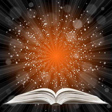 Açık kitap. Güneş patlaması deseni. Güneş ışını desenli güneş patlaması arka planı. Parlak sarı, mavi, kırmızı, turuncu, yeşil, patlayıcı arkaplan. Galaksi, uzay ve yıldızlar. Vektör illüstrasyonu.