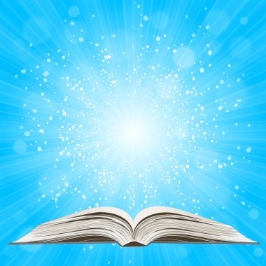 Açık kitap. Güneş patlaması deseni. Güneş ışını desenli güneş patlaması arka planı. Parlak sarı, mavi, kırmızı, turuncu, yeşil, patlayıcı arkaplan. Galaksi, uzay ve yıldızlar. Vektör illüstrasyonu.