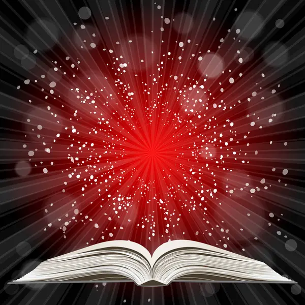 Açık kitap. Güneş patlaması deseni. Güneş ışını desenli güneş patlaması arka planı. Parlak sarı, mavi, kırmızı, turuncu, yeşil, patlayıcı arkaplan. Galaksi, uzay ve yıldızlar. Vektör illüstrasyonu.
