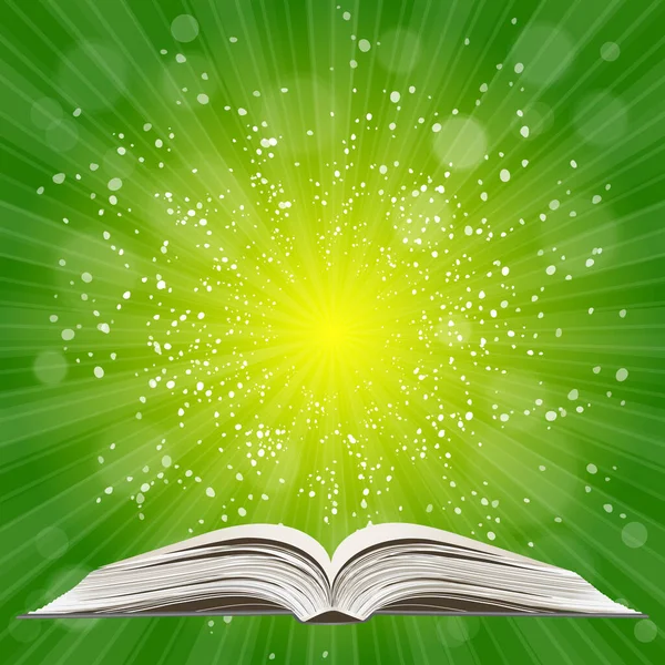 Açık kitap. Güneş patlaması deseni. Güneş ışını desenli güneş patlaması arka planı. Parlak sarı, mavi, kırmızı, turuncu, yeşil, patlayıcı arkaplan. Galaksi, uzay ve yıldızlar. Vektör illüstrasyonu.