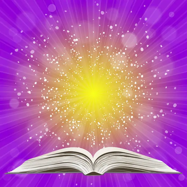 Açık kitap. Güneş patlaması deseni. Güneş ışını desenli güneş patlaması arka planı. Parlak sarı, mavi, kırmızı, turuncu, yeşil, patlayıcı arkaplan. Galaksi, uzay ve yıldızlar. Vektör illüstrasyonu.