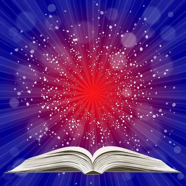 Açık kitap. Güneş patlaması deseni. Güneş ışını desenli güneş patlaması arka planı. Parlak sarı, mavi, kırmızı, turuncu, yeşil, patlayıcı arkaplan. Galaksi, uzay ve yıldızlar. Vektör illüstrasyonu.