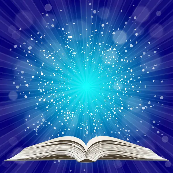 Açık kitap. Güneş patlaması deseni. Güneş ışını desenli güneş patlaması arka planı. Parlak sarı, mavi, kırmızı, turuncu, yeşil, patlayıcı arkaplan. Galaksi, uzay ve yıldızlar. Vektör illüstrasyonu.