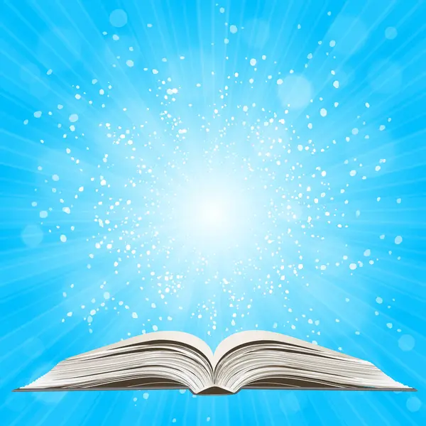 Açık kitap. Güneş patlaması deseni. Güneş ışını desenli güneş patlaması arka planı. Parlak sarı, mavi, kırmızı, turuncu, yeşil, patlayıcı arkaplan. Galaksi, uzay ve yıldızlar. Vektör illüstrasyonu.