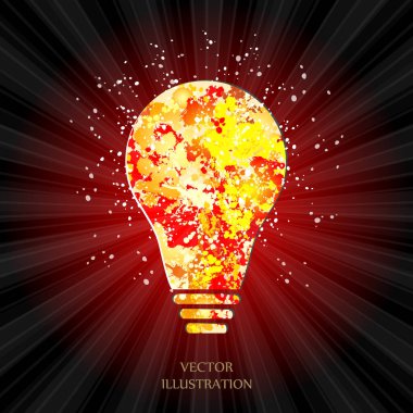 Elle boyanmış bir ampul. Güneş patlaması deseni. Basit modern minimalist stil. Karalama el çizimi işareti. Vektör illüstrasyonu.