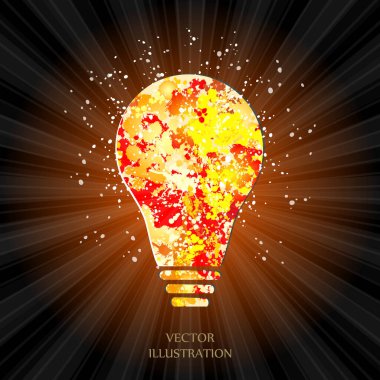 Elle boyanmış bir ampul. Güneş patlaması deseni. Basit modern minimalist stil. Karalama el çizimi işareti. Vektör illüstrasyonu.