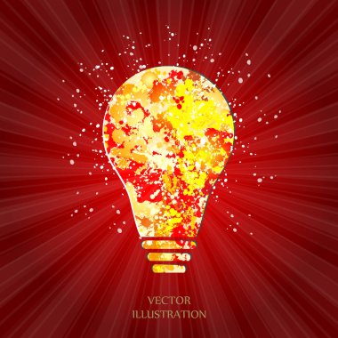 Elle boyanmış bir ampul. Güneş patlaması deseni. Basit modern minimalist stil. Karalama el çizimi işareti. Vektör illüstrasyonu.