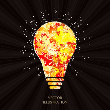 Elle boyanmış bir ampul. Güneş patlaması deseni. Basit modern minimalist stil. Karalama el çizimi işareti. Vektör illüstrasyonu.