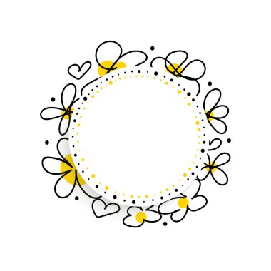 Çiçek çerçevesi. Beyaz arka planda izole edilmiş bir el çizilmiş bahar çelenginin vektör çizimi. Davetiyeler, tebrik kartları, posterler, bloglar için yapraklardan siluetler çiz. Doodle tarzı.