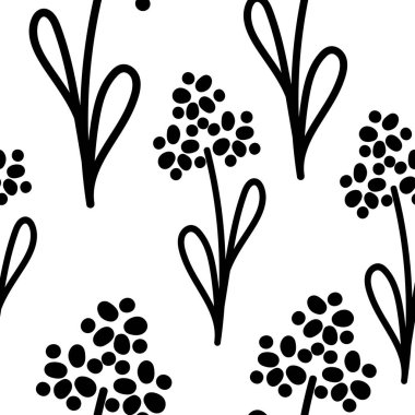 Çiçekli grafik karalama tasarımı. Kusursuz desen. Soyut minimal çiçek. Güzel çiçek arkaplanı. Tekstil ve duvar kağıtları için vektör sanat çizimi. Siyah bir fırçayla elle çizilmiş. El yazısı.