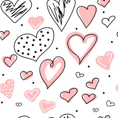 Elle çizilmiş kalpler pürüzsüz desen. Bir kalbin kesintisiz çizimi, siyah-beyaz vektör minimalist aşk konsepti çizimi. Karalama!.