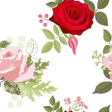 Pembe güllerle kusursuz desen. Çiçek arkaplanı. Tasarımınız için sonsuz doku, tebrik kartları, duyurular, posterler. Tekstil baskısı ve duvar kağıdı için doğal vektör çizimi. Kırmızı. 